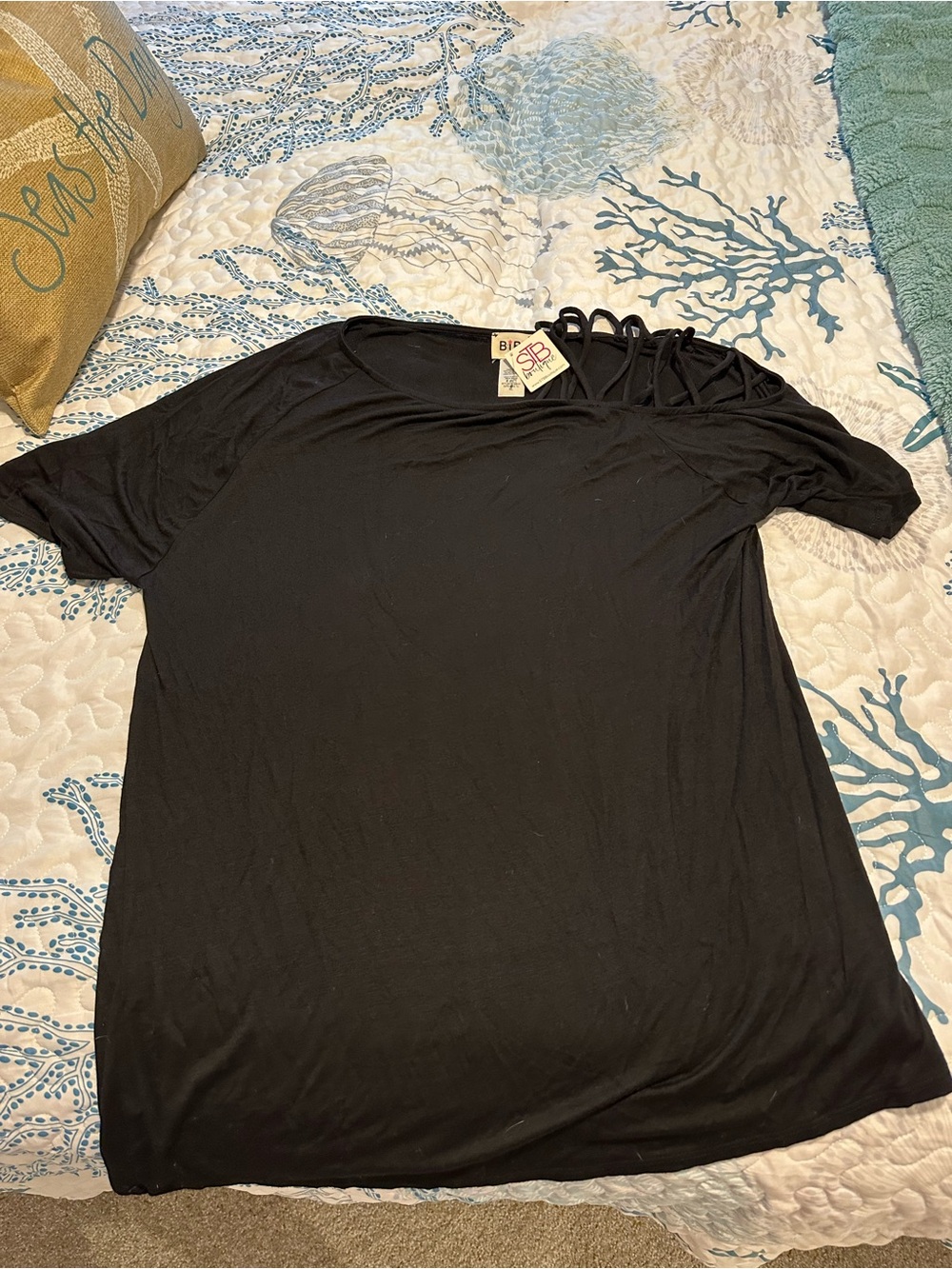 BiBi Black Short Sleeve Top with Strappy Shoulder Detail